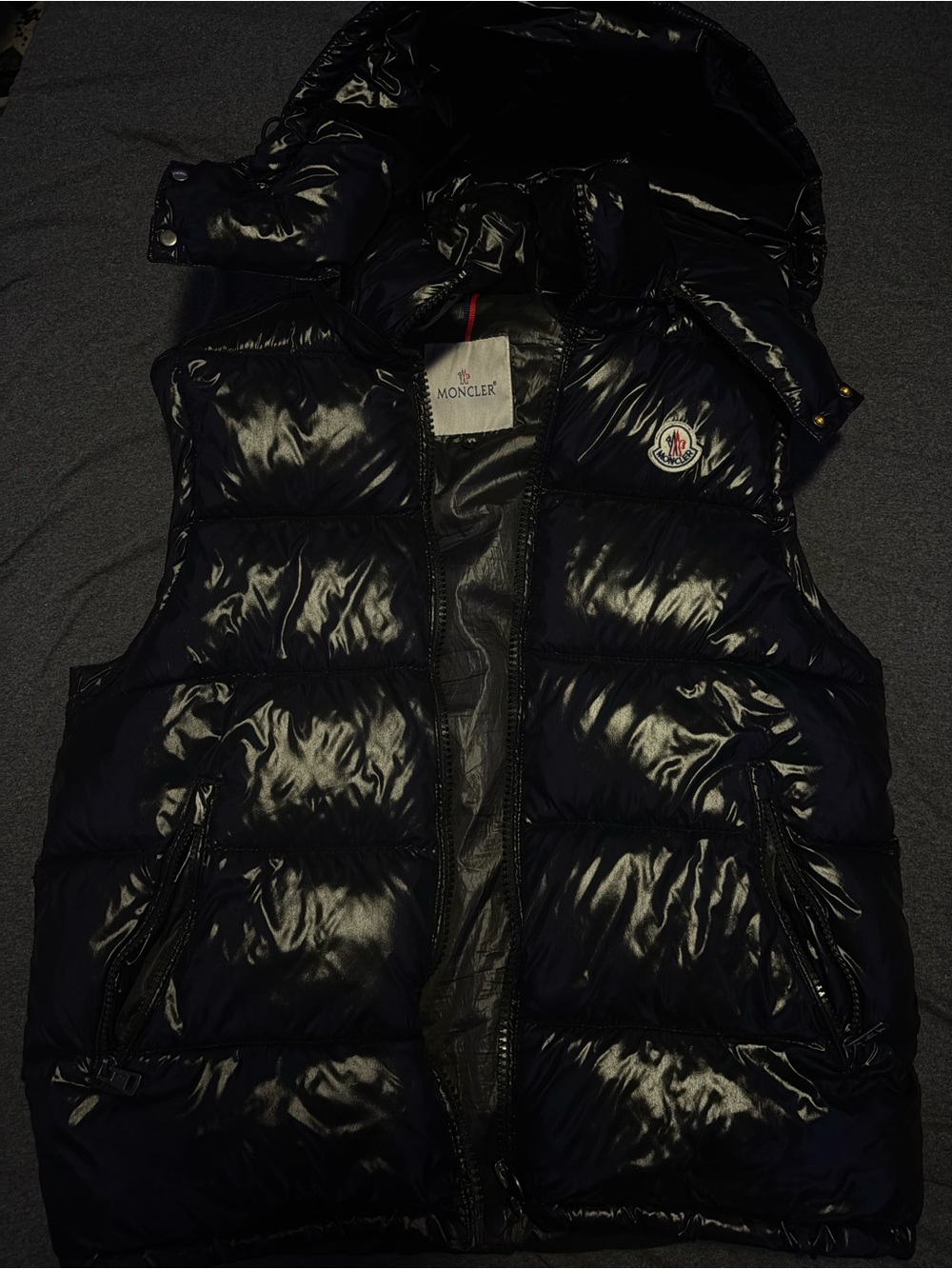 Moncler Glossy Black Quilted Puffer Jacket with Logo Patch